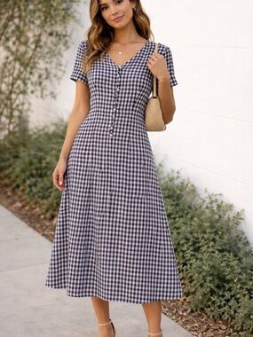 Vintage Women's Navy & White Gingham Midi Dress - Classic Summer Style